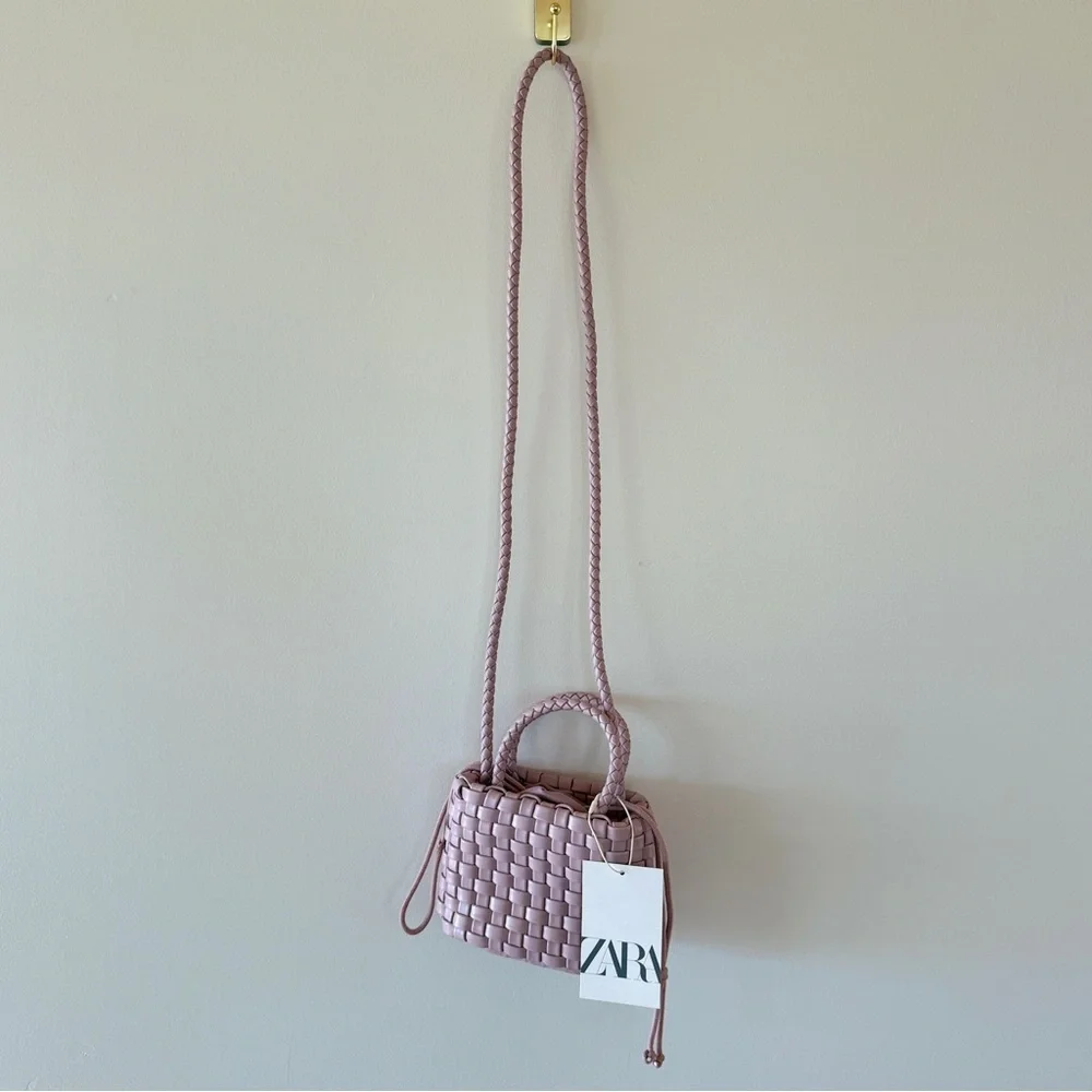 NWT Zara Girls Mauve Woven Crossbody Mini Bag Drawstring Braided Strap